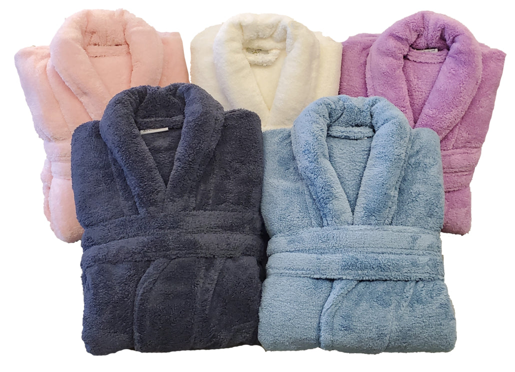 Our luxurious spa robes have become so popular because of their durability, lightweight feel an incredible softness. These robes hold up well against multiple machine washings and dry fast. Our spa robes look like terry and will not pill. Great His and Hers wedding gift.
